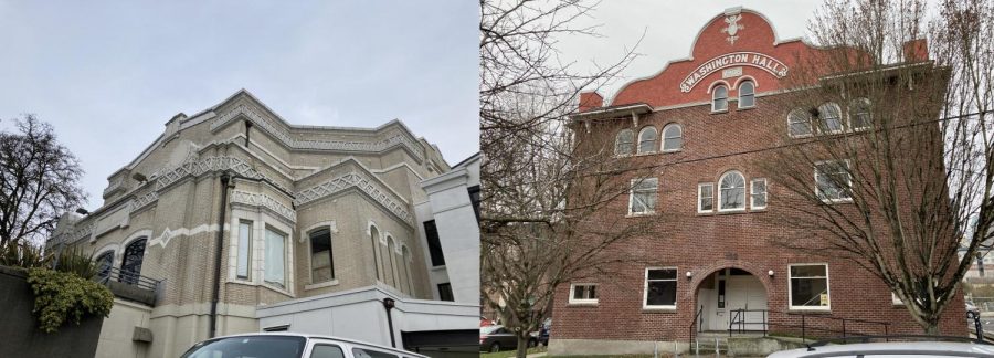 Langston Hughes Performing Arts Institute on left, Washington Hall on right. 