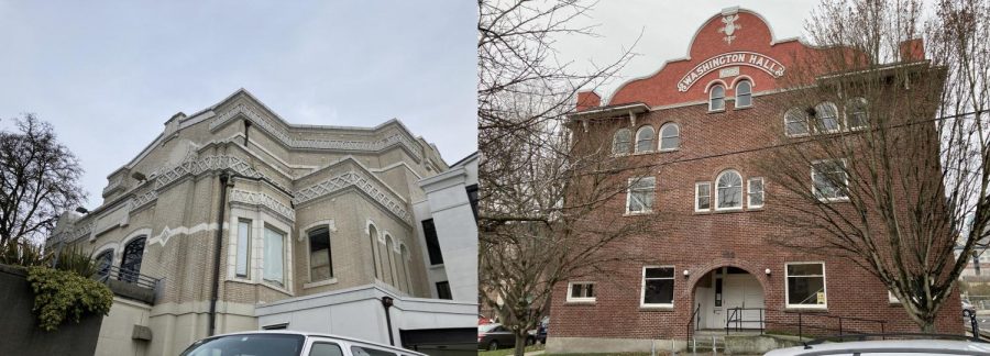 Langston Hughes Performing Arts Institute on left, Washington Hall on right. 