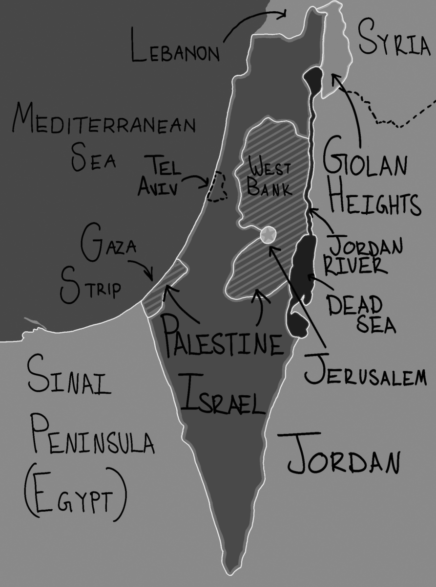 Map of current Israel-Palestine region and surrounding areas