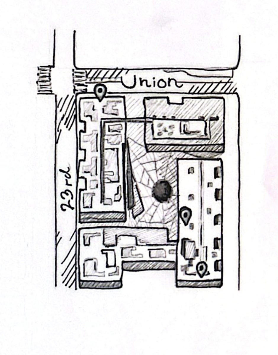 A hand drawing of Midtown Square in Seattle, with pins at Arte Noir, Marjorie, and Re-Sole